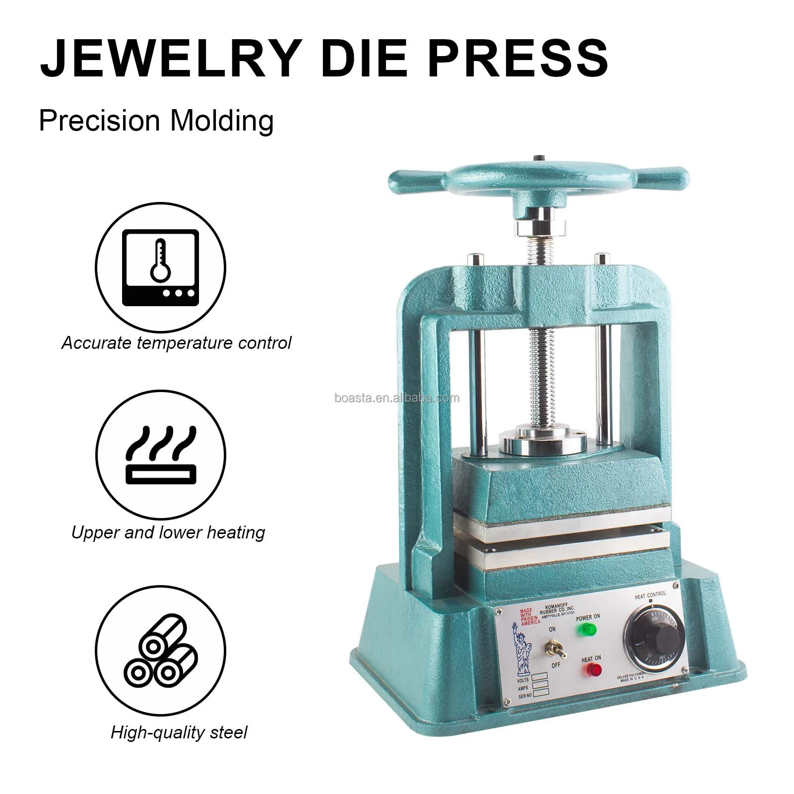 

Boasta Jewelry Die Press Vulcanizer 220V 6x8 / 8x8 Inch Heated Mold Press for Silicone Rubber 1000W 300°C Logo
