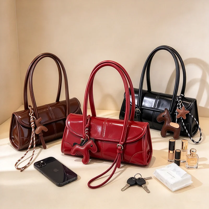 Advanced Oil Wax Leather Handbag Shoulder Purse Adjustable Buckle Straps Retro Long Strip for Women Underarm Bag