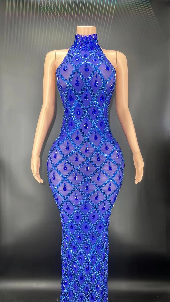 Glänzende Strass Pailletten Bodycon Lange Kleid Frauen Abend Prom Geburtstag Kleid SexyTransparent Leistung Sänger Zeigen Tragen