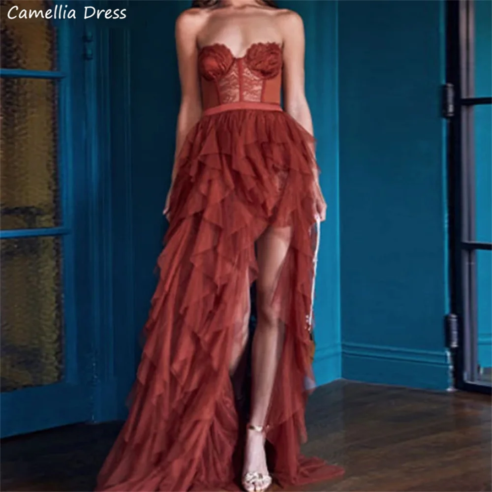 Sexy Strapless Pleated Tulle A-Line Evening Dresses Split Prom Gown For Special Occasion Party Dress Robe De Soirée فستان سهرة