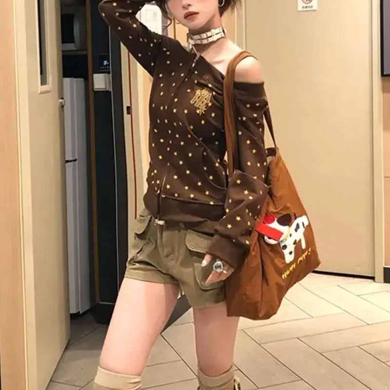 

American Retro Star Printed Hoodies Female Clothing Aura Slash Neck Chic Zipper Autumn Fashion Off Shoulder Casual Sweatshirts
