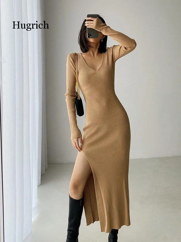

2022 Summer New Vintage Spring Winter Sexy French Slit Sweater Dress Female Slim Tight-fitting Hip-knit Over-the-knee Dresses