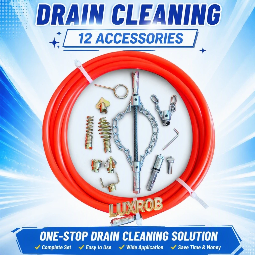 Drill Powered Drain Cleaner Kit Pipe Dredging Tool 12Pcs Multi‑Head Attachments 8mm Soft Shaft PU Tube for Household Sink Toilet