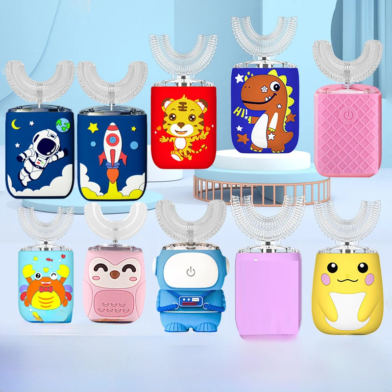 فرشاة أسنان كهربائية على شكل حرف U قابلة لإعادة الشحن للأطفال الصغار، فرشاة أسنان ذكية بزاوية 360 درجة، سيليكون أوتوماتيكية بالضوء الأزرق