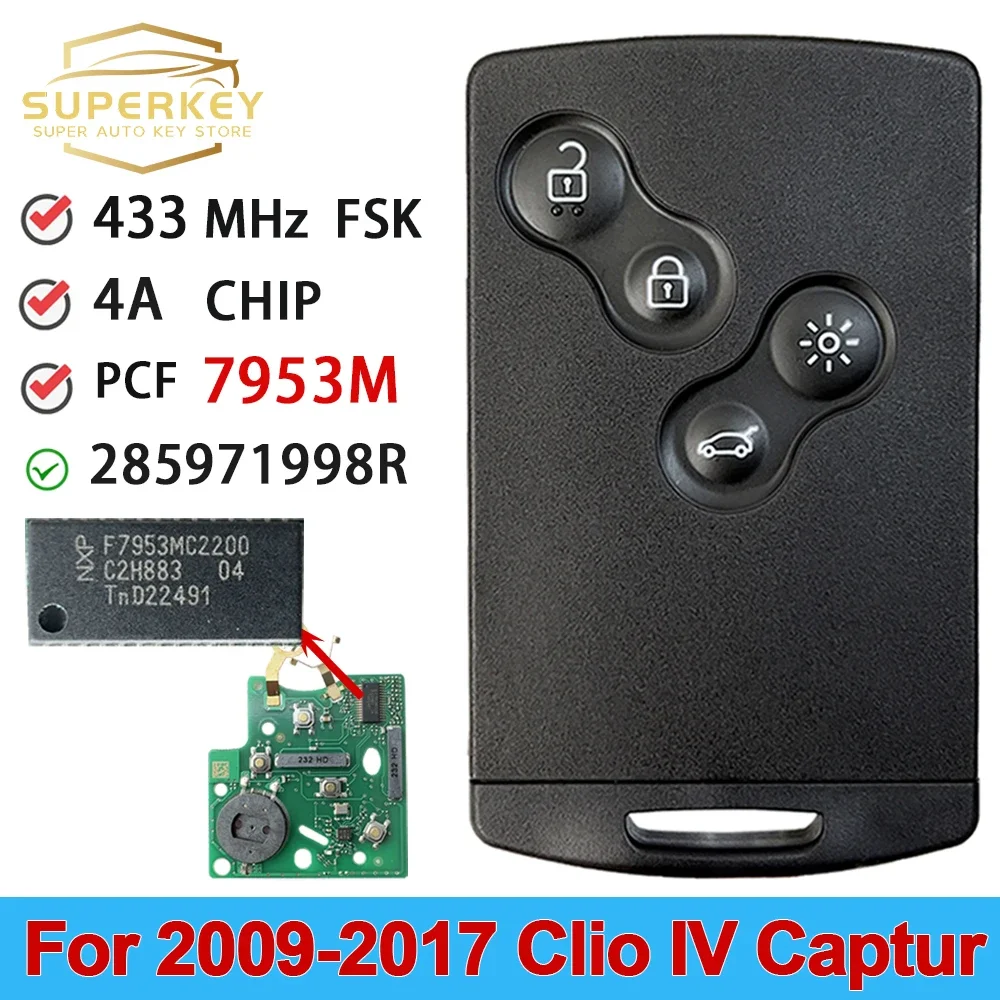 SUPERKEY PCF7953M dla Renault Clio IV Captur 2009 2010 2011 2012 2013 2014 2015 2017 433 MHZ bezkluczykowy klucz do kart 285971998R