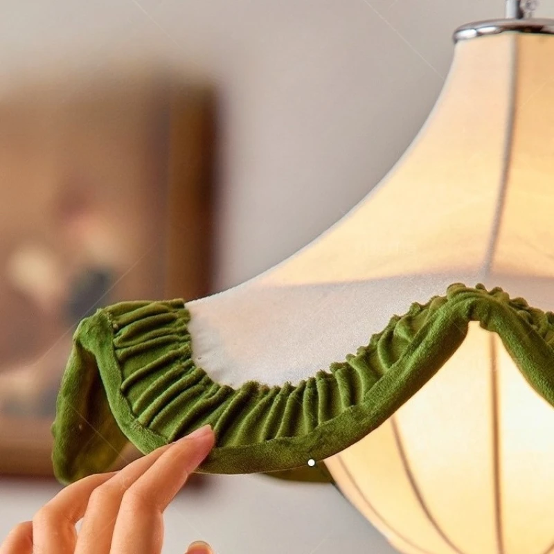 الفرنسية الأبيض النسيج مُثبتة في السقف أضواء الأخضر أضعاف الدانتيل الثريا الرجعية غرفة المعيشة المطبخ غرفة نوم مطعم مصابيح معلقة #5