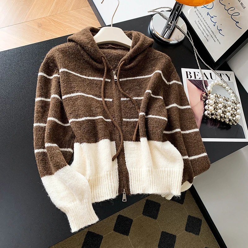 

Ele Loose Women's Knitted Open Cardigan Autumn Winter New Sle Striped Casual Design Sensation Sweater Faionable All-M...