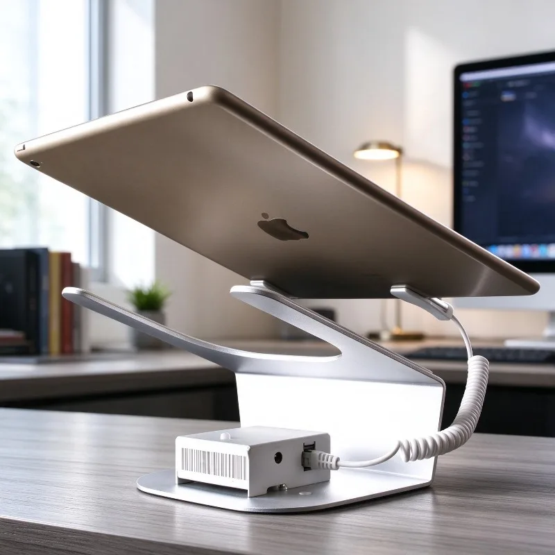 Tablet Security Display Stand with Charging Alarm Cable, Angled Viewing Surface plus Aluminum Body for Retail Counter Demo Use