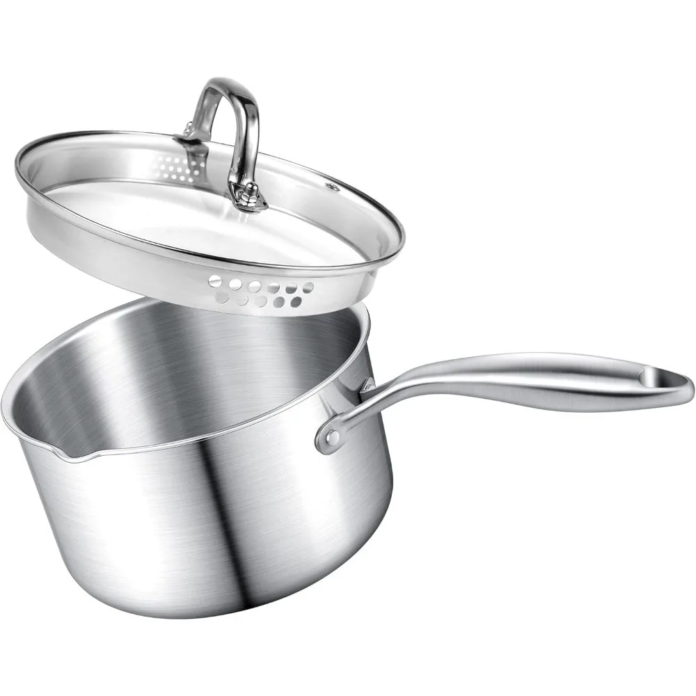

Stainless Steel Saucepan with Glass Strainer Lid, Thicken Tri-ply Full Body, Multipurpose Sauce Pot with Two-Size Drainage