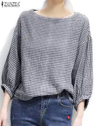 ZANZEA Autumn Women Plaid Checked Blouse Fashion 3/4 Sleeve Crewneck Tops Casual Loose Shirt Female Elegant OL Work Blusas Mujer