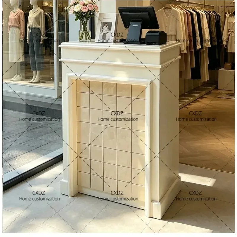 XX Clothing store Small bar Premium checkout page  pearl glazed square brick front desk counter