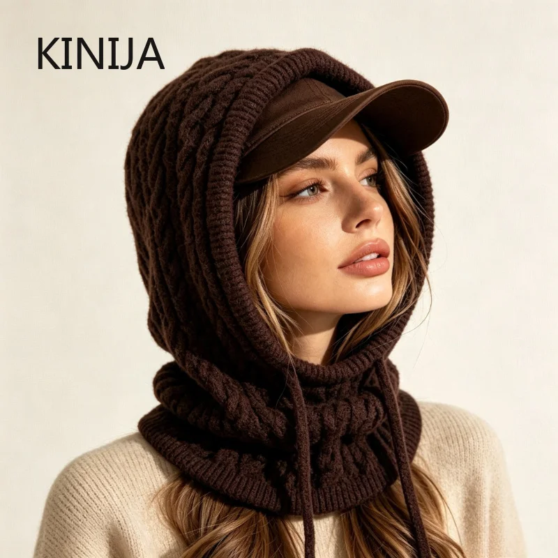 Korean Style Knitted Balaclava Hat with Drawstring Hood Women Winter One-Piece Neck Warmer Outdoor Fashion Collar Beanies Cap