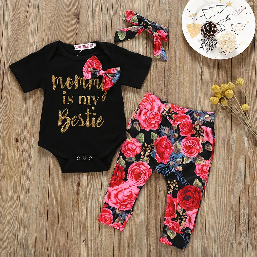 

2024 Kids Outfit Wear Kid Toddler Infant Baby Boy Girl Letter Romper+Print Pants+Hairband Outfits Set Hot Selling Clothes