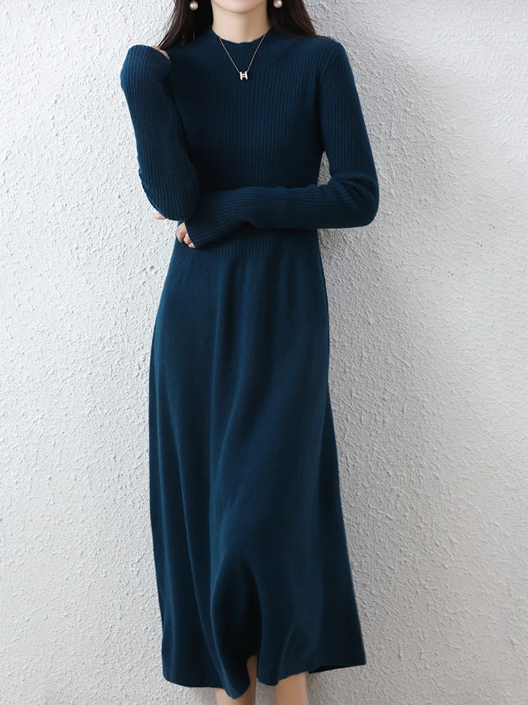 Women's Wool Dress Mock Neck Cashmere Pullover Sweater Autumn Winter 100% Merino Wool Knitwear Fit and Flare Dress Long Dress