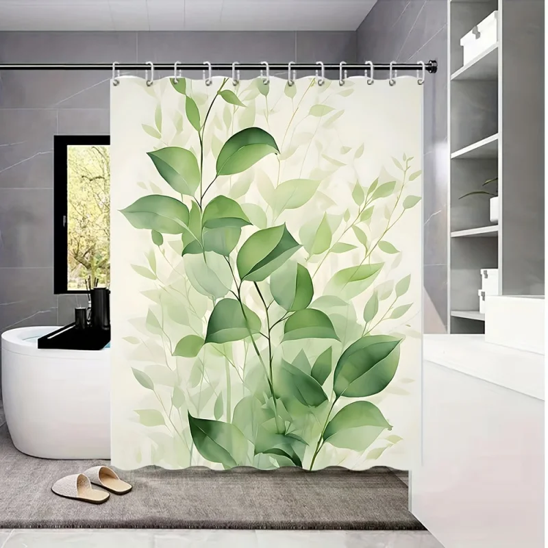 Water-Resistant Polyester Shower Curtain with Green Leaf Design - Machine Washable Woven Fabric, Nordic Fresh Style, Universal E