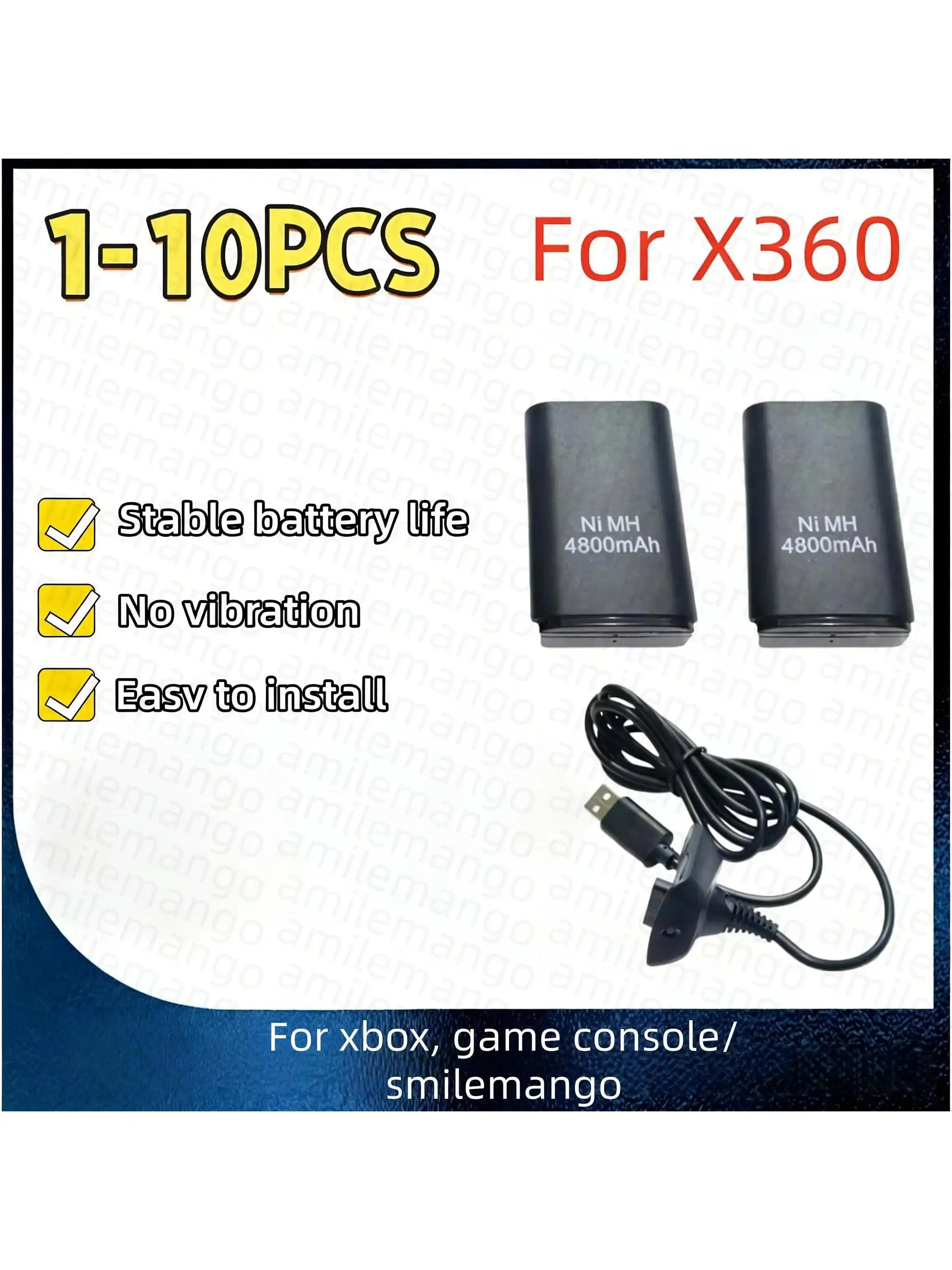 Akumulator 4800mAh z 1 kablem do ładowania do baterii kontrolera Xbox 360, bateria do bezprzewodowego kontrolera. (10PCS) — Zdjęcie 2 z 2