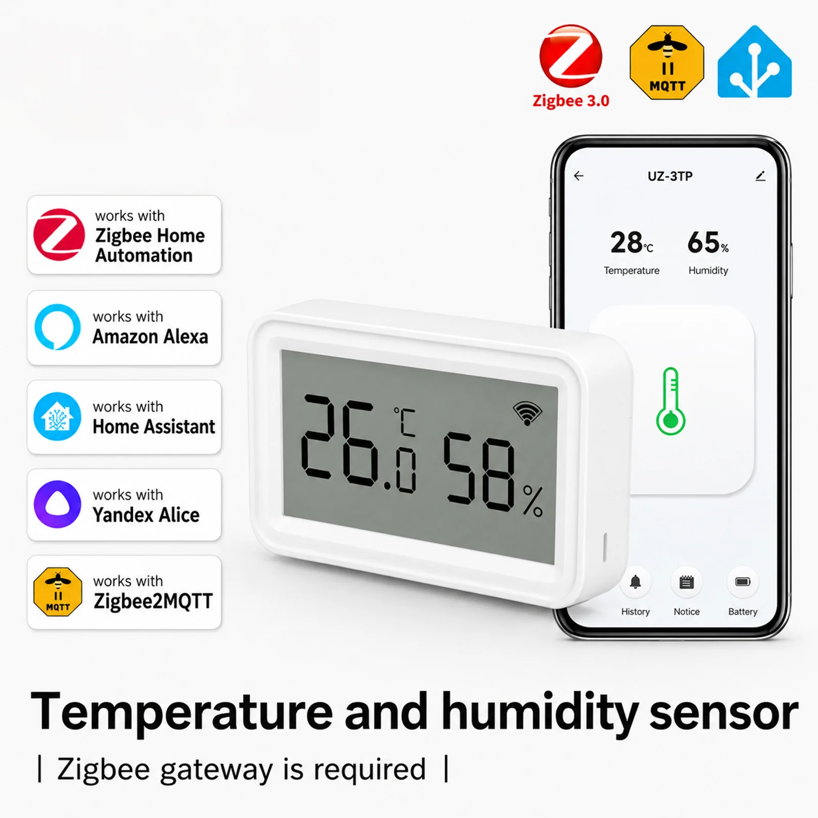 Image of Zigbee 3.0 Temperatur- und Feuchtigkeitssensor Smart Home Thermometer Hygrometer Kompatibel mit Home Assistant ZHA Zigbee2MQTT Alexa Yandex