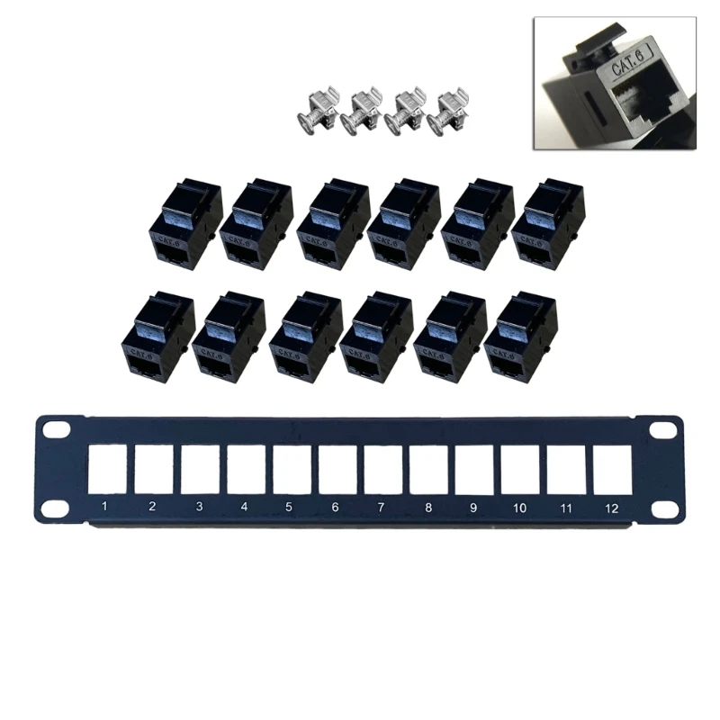 12 Port CAT6 RJ45 Through Coupler Patch Panel with Back Bar Wallmount or Rackmount for CAT6 UTP STP Cabling