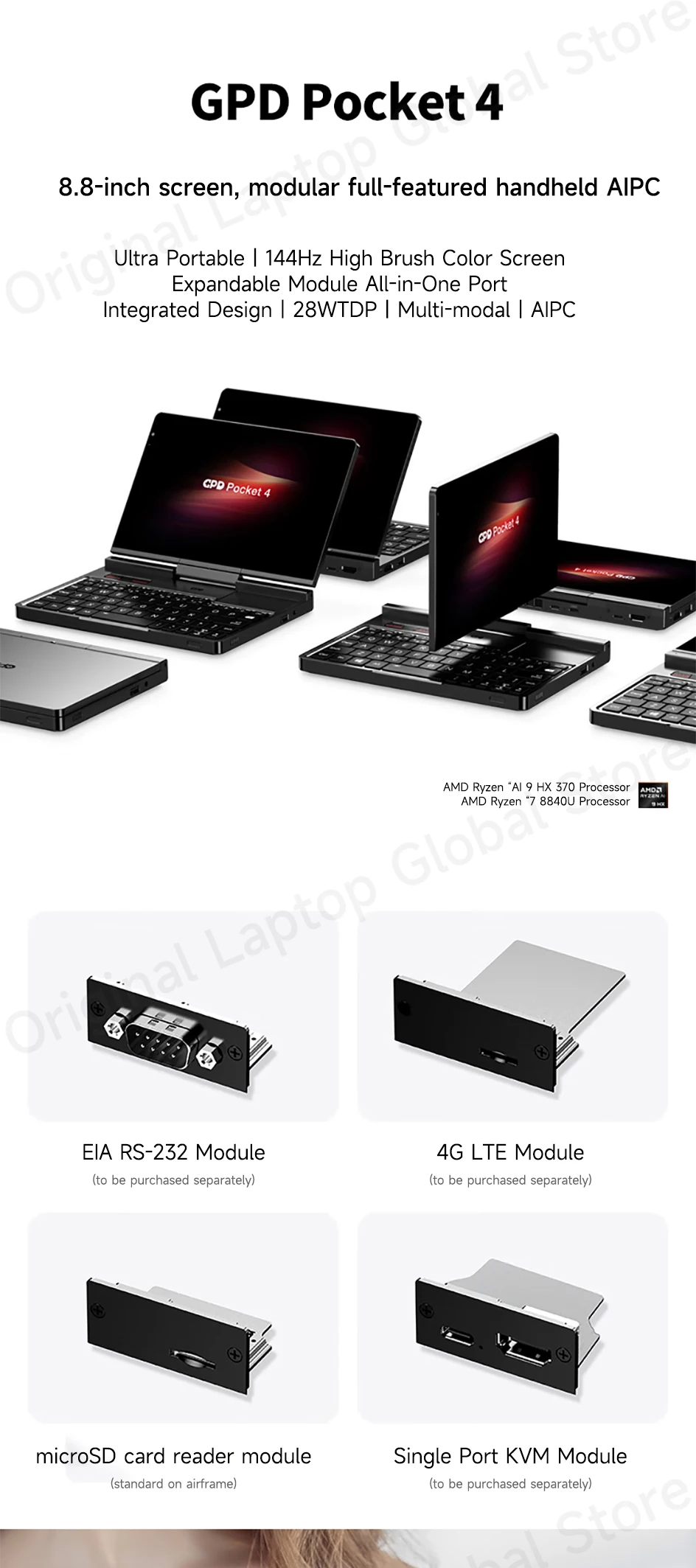 GPD Pocket 4 2025 AMD AI 9 HX 370 32GB/64GB RAM 2TB/4TB SSD 8.8-inch 2.5K Resolution 144 Hz Refresh Rate mini Laptop