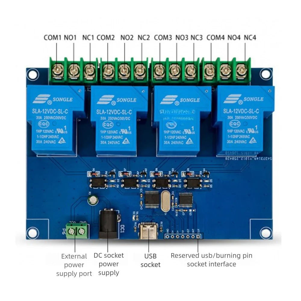 LCUS-4 Relay Module 12V 4 Channel 30A USB Computer Serial Port Smart Control Switch with Power/Relay Status Indicator Light