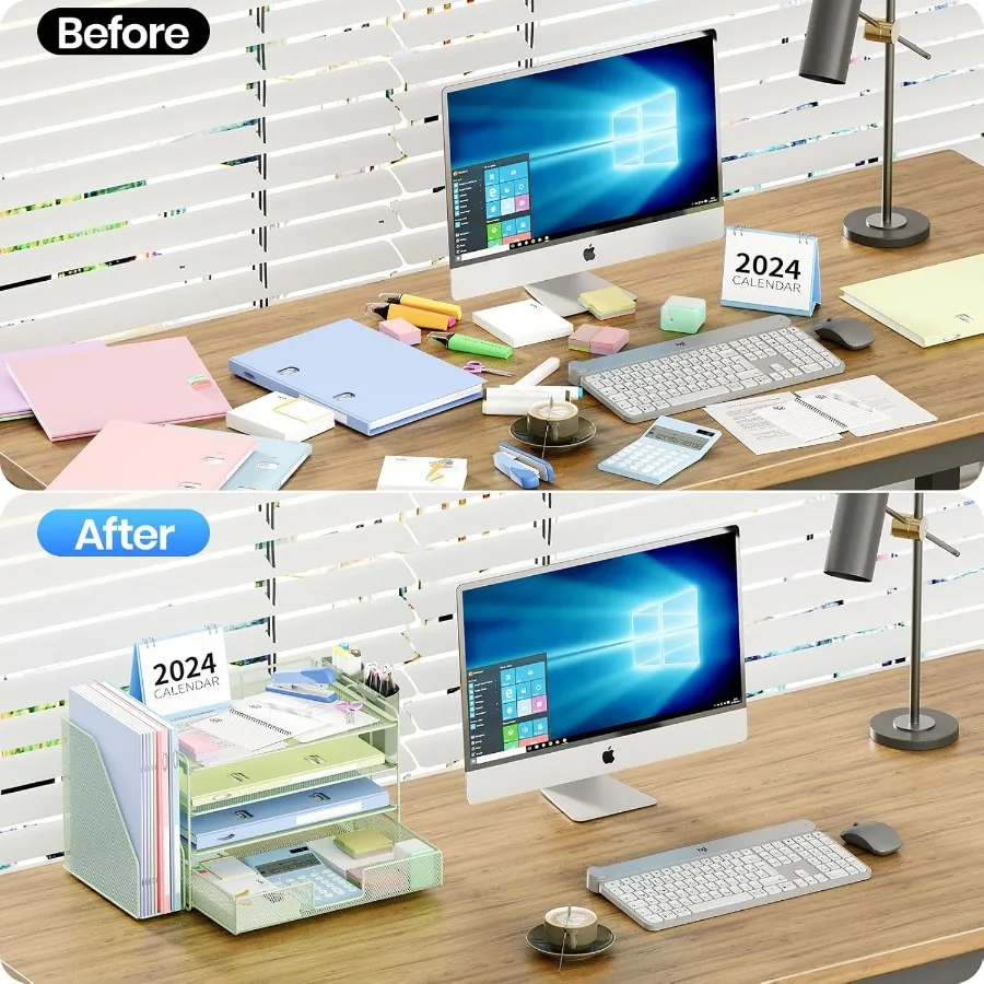 منظم ملفات سطح المكتب مكون من 4 طبقات مع درج وحاملين أقلام لتخزين اللوازم المكتبية ومنظم مساحة العمل الخضراء مع الممارسة #6