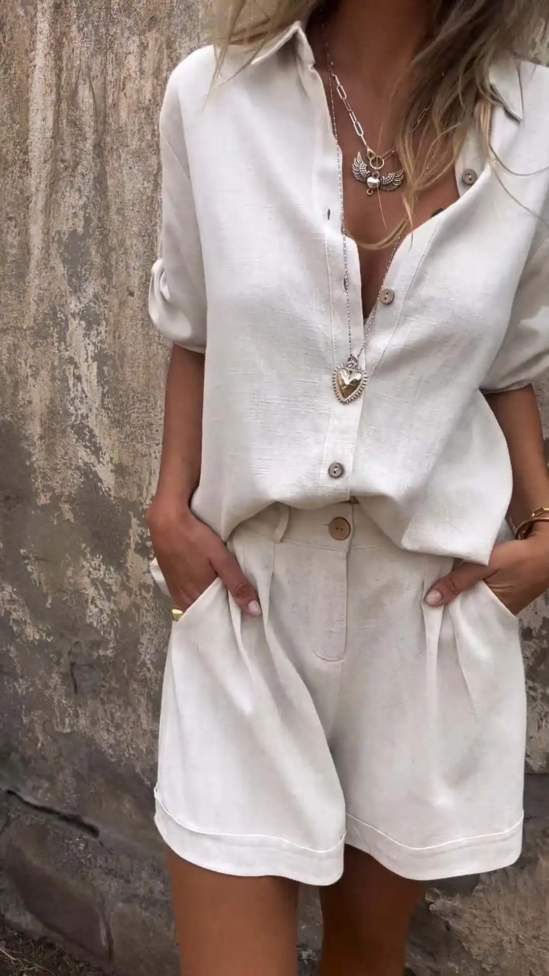 Casual Commuter 2 Piece Set Loose Lapel Half Sleeved Single Breasted Shirt High Waist Shorts Set Summer Fashion Solid Color Suit