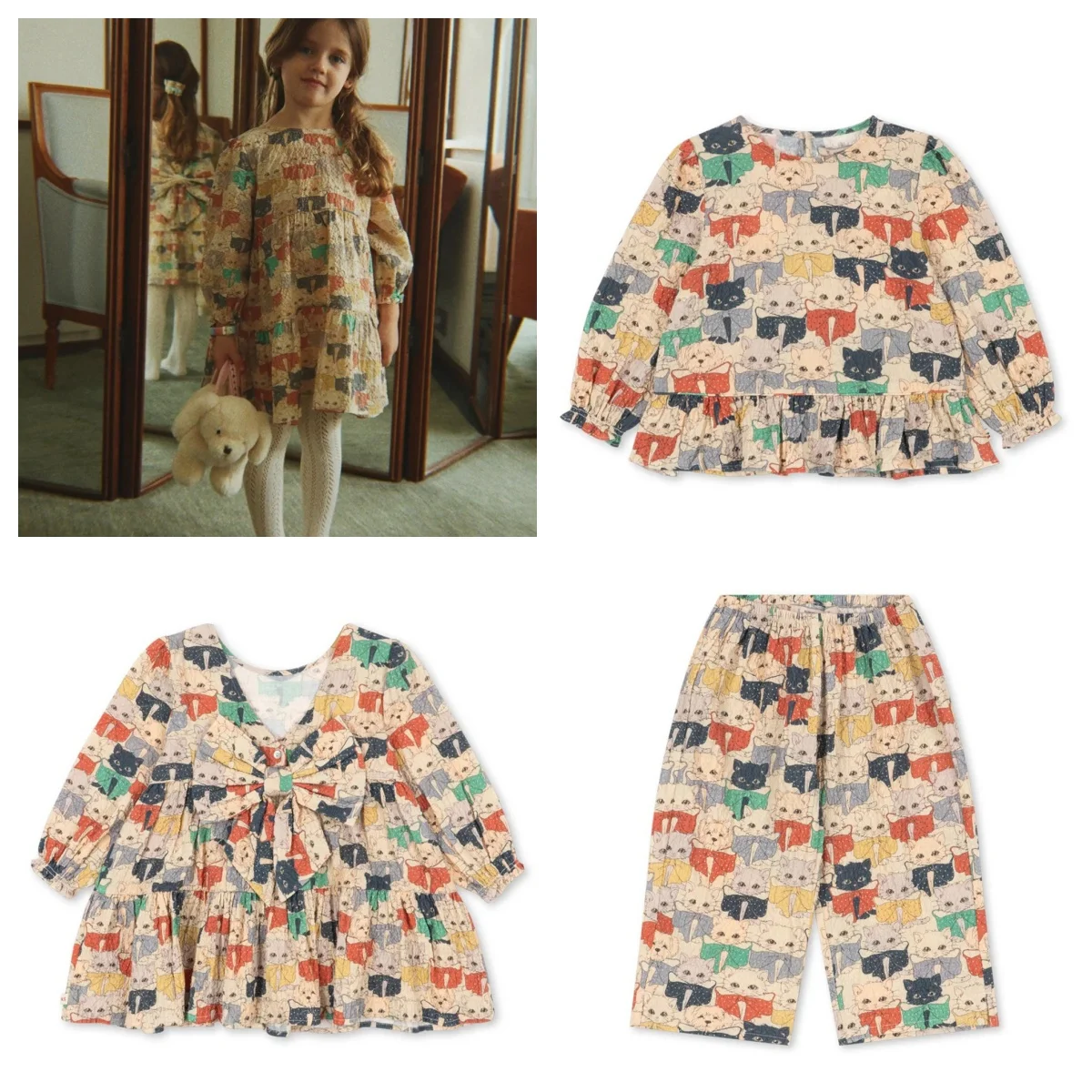 2026 Fall Winter Girls Cat Print Peplum Tunic Long Sleeve Top Pants 2Pcs Set Plus A-Line Dress 2 Style Toddler Little Girls