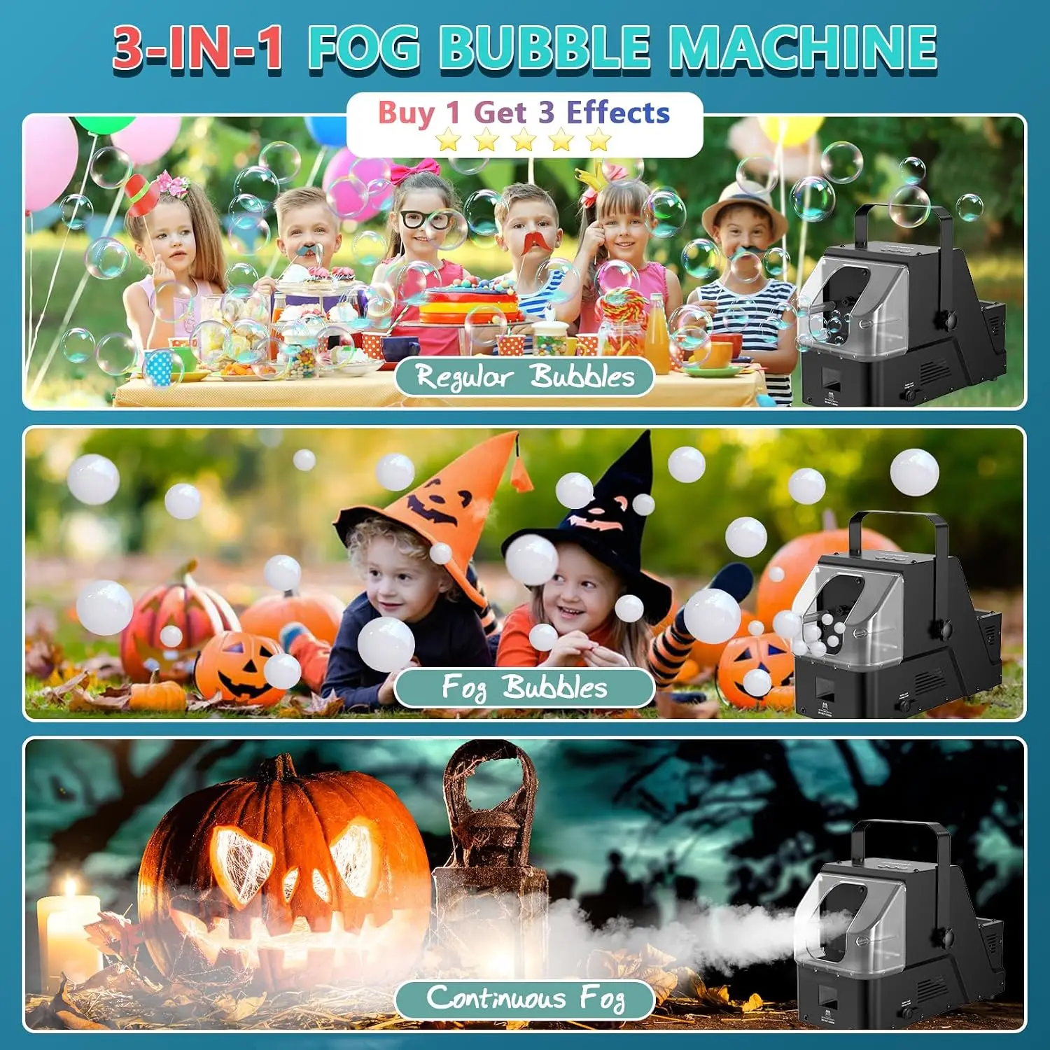 Fog Bubble Machine, 3-in-1 Smoke Bubble Machine w/Remote Control | 450W Power, Metal Housing, Colorful Bubbles | Fog Bubbles