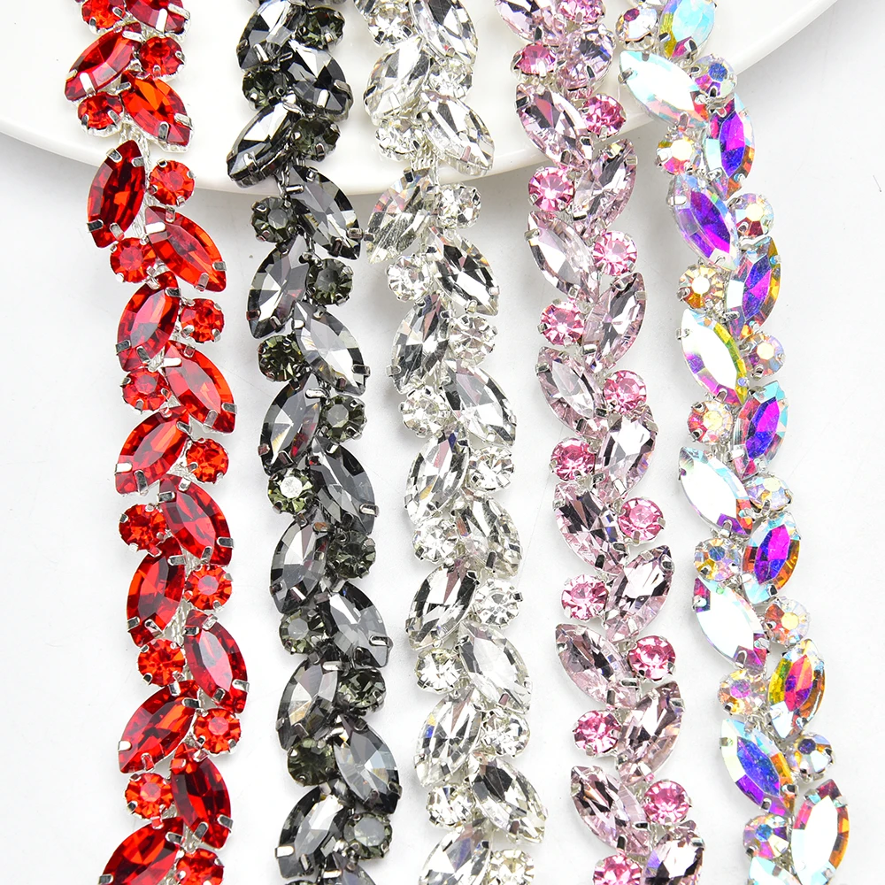 Different Color Glass Crystal Flower Chain Bridal Sewing Rhinestone Trimming Applique for Belt Dress Shoes Clothing Decoration