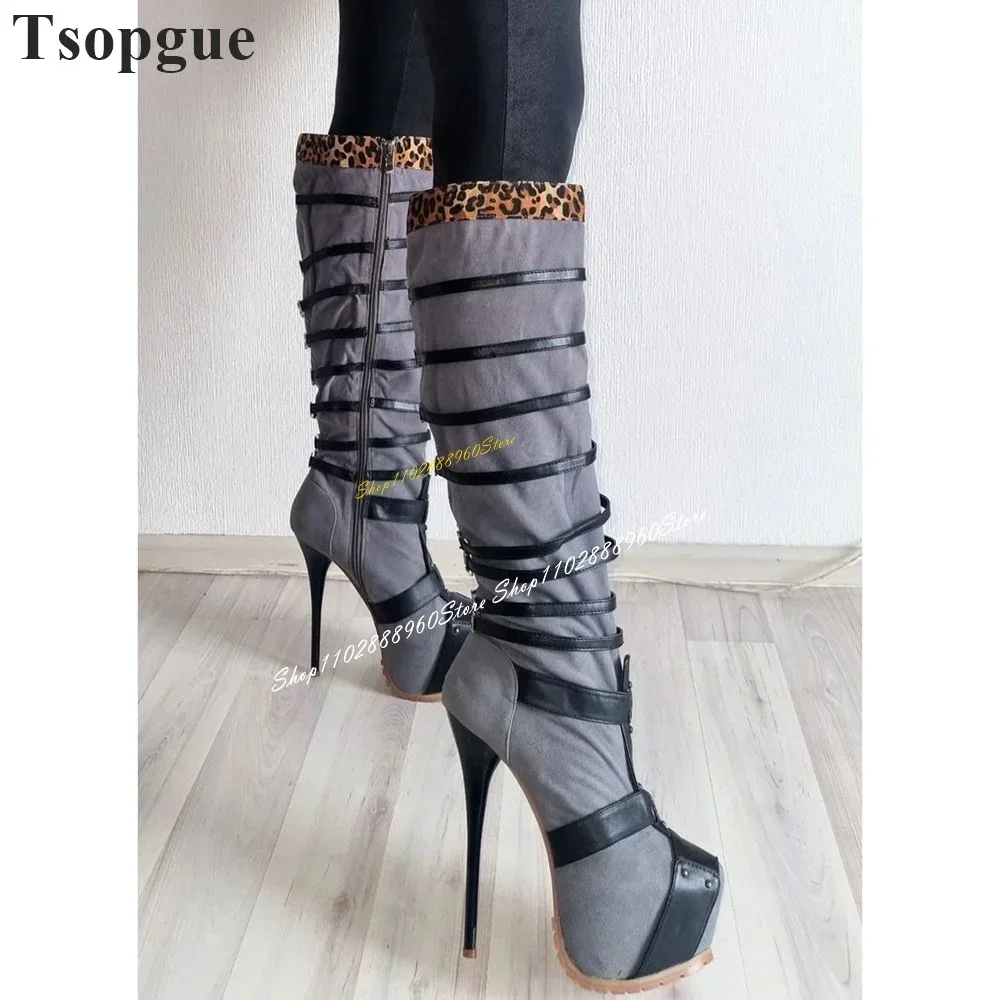

Knee High Mixed Strappy Platform Boots Thin High Heel Shoes For Women Side Zipper Round Toe 2026 Fashionable Zapatos Para Mujere