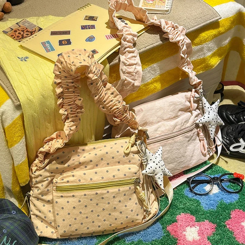 Koreanische Umhängetasche aus Segeltuch mit Polka Dots, leichte, lässige Damen-Umhängetasche für den Sommer, süße, niedliche, vielseitige Pendler-Handtasche – Detail 17