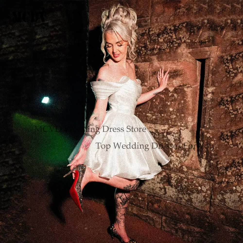 

MCDV Satin Mini Short Wedding Dress Women Off Shoulder Pleat Bridal Dresses Simple Wedding Party Gown Above Knee Customized 2026