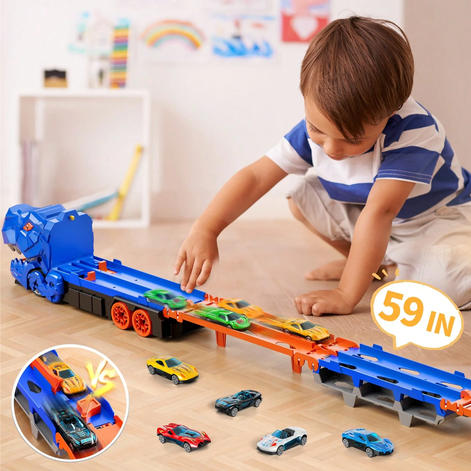 STEM Educational Toy: Dinosaur Truck & Track Set with 12 Alloy Cars | Super Long Raceway & Garage for Toddlers Boys Age 3-8 | De
