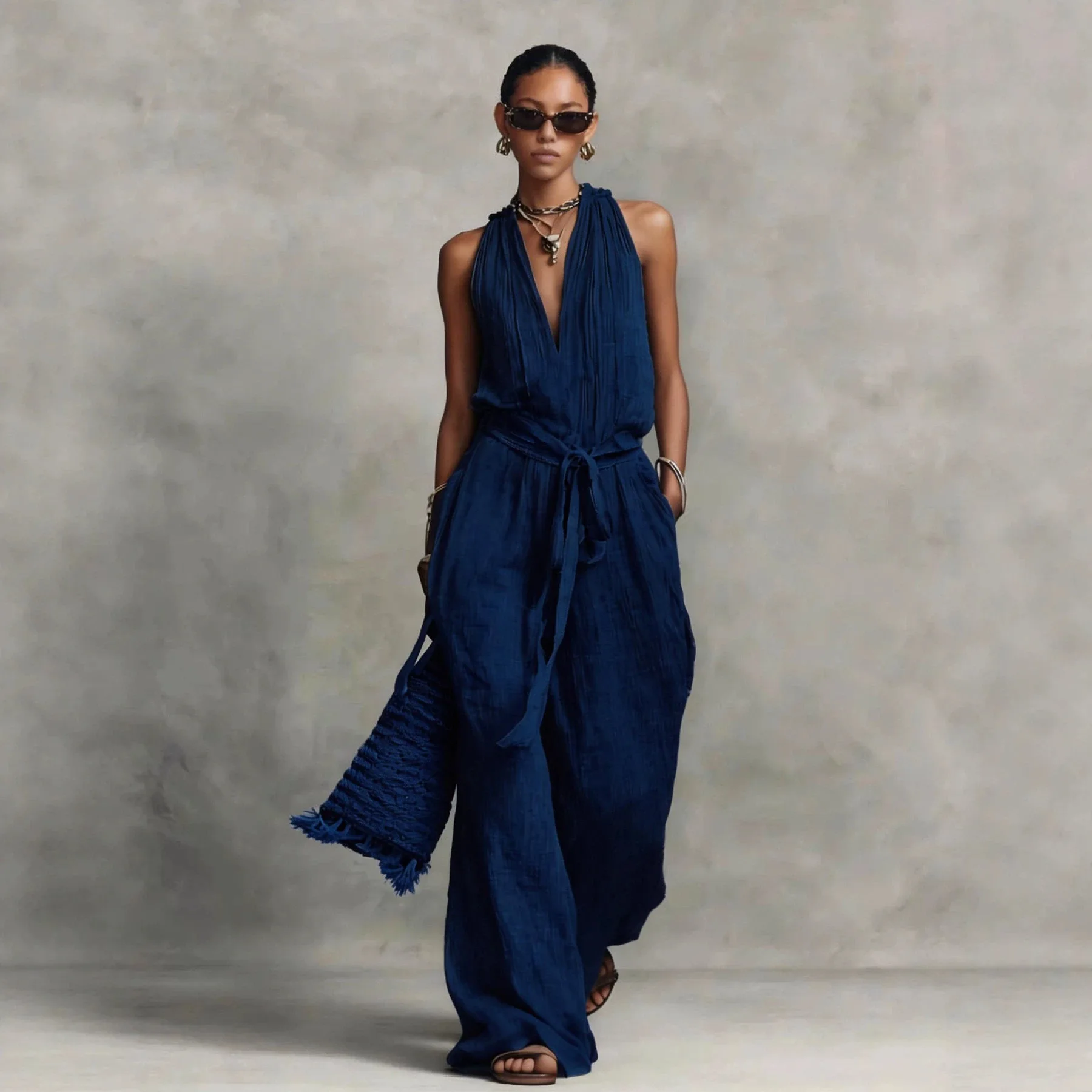 Summer Vestidos Women's Linen Hanging Neck Backless Lace Up Jumpsuit Holiday Sleeveless Solid Color Casual Loose Jumpsuit Dress