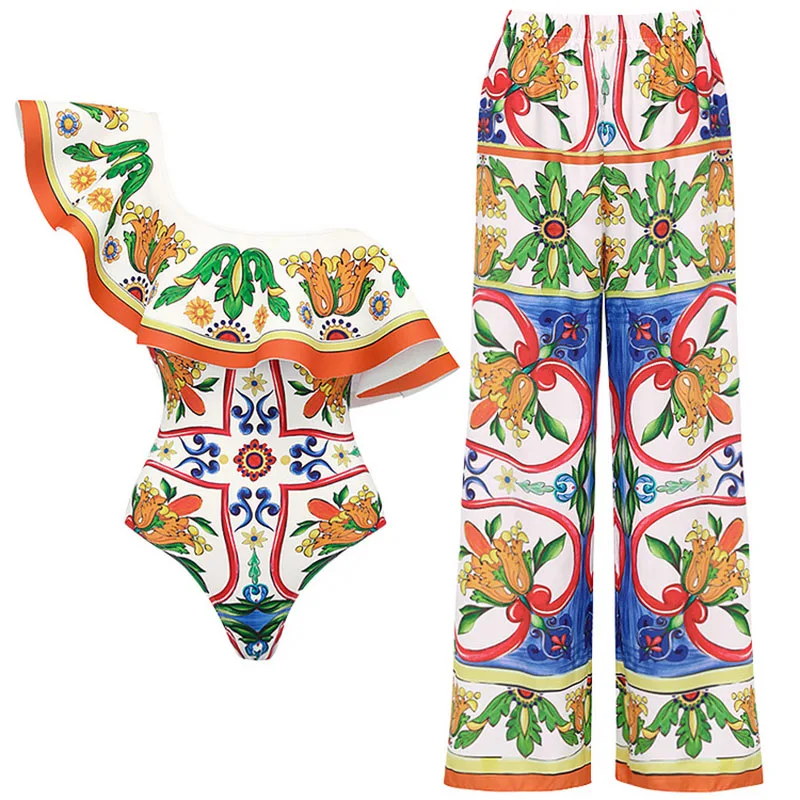 One-piece ชุดว่ายน้ําสตรี Lotus Leaf Edge พิมพ์ชุดว่ายน้ําชุดบิกินี่ชุดชายหาดสไตล์สวมชุด Maxi กระโปรง