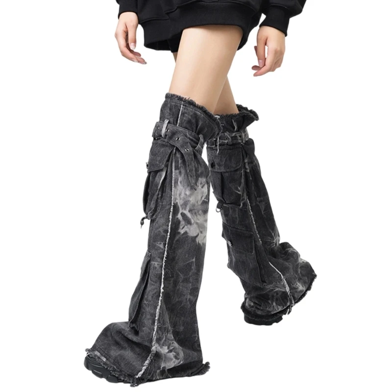 

Черные джинсовые гетры выше колена для женщин, чехлы на ноги с ремешком в стиле панк, мешковатые свободные расклешенные длинные