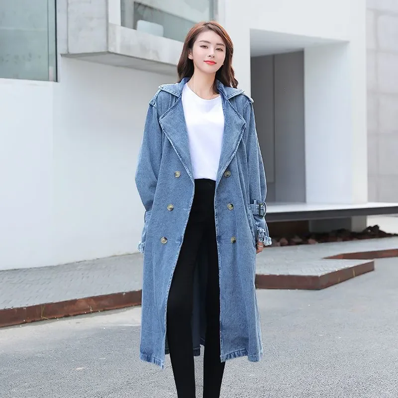 New Plus size Denim Trench Coat loose Medium long With Belt And Double Breasted Trench Coat Women's High-end Suit Collar Jacket