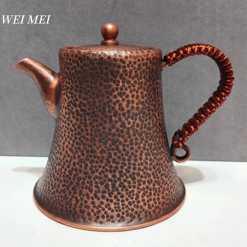 

Small Vintage Pure Copper Tea Pot,500 ml Brewing Coffee Water Kettle,Handcrafted Woven Handle Texture Unique Shape Pot Tableware