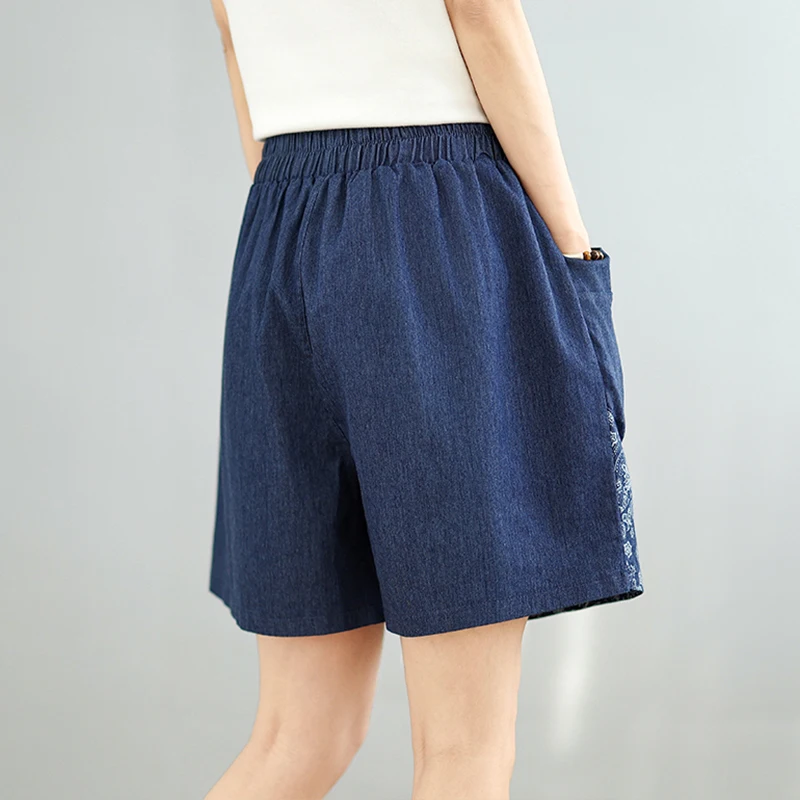 プラスサイズ レディース デニムショートパンツ 夏の新作 ルーズフィット ハイウエスト ワイドレッグパンツ ブルー エラスティックウエスト ショートスカート風 ブルー ジーンズ