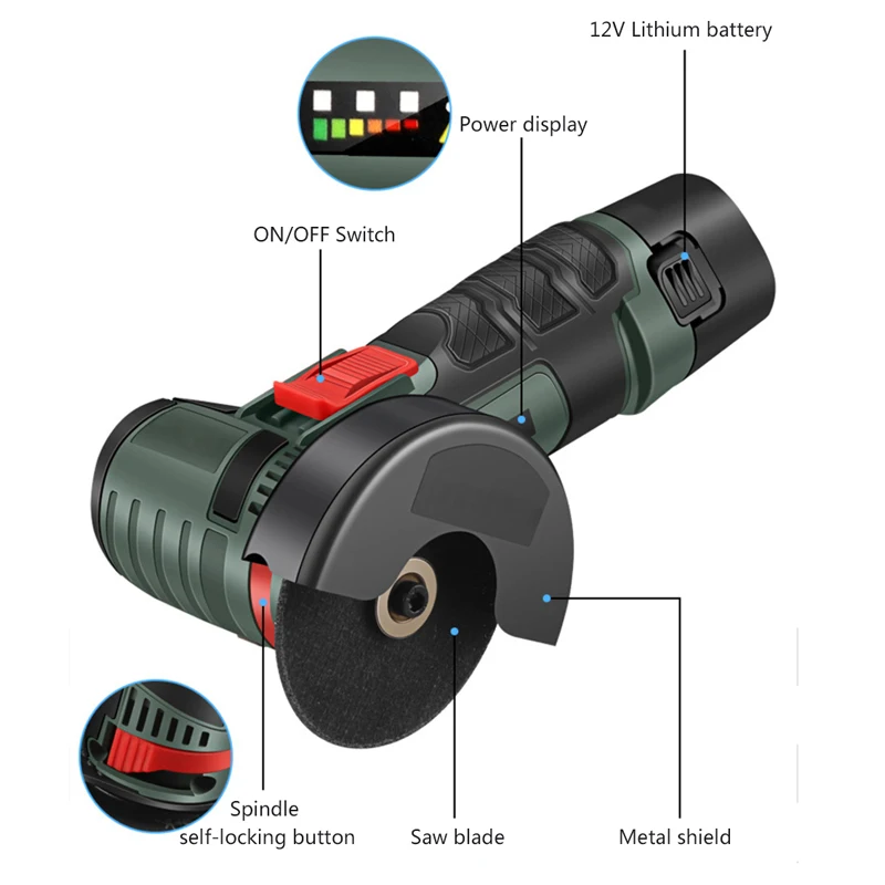 Mesin pemoles tanpa kabel 12V, penggiling sudut tanpa sikat 19500rpm dengan baterai Lithium dapat diisi ulang, Kit alat pemotong berlian