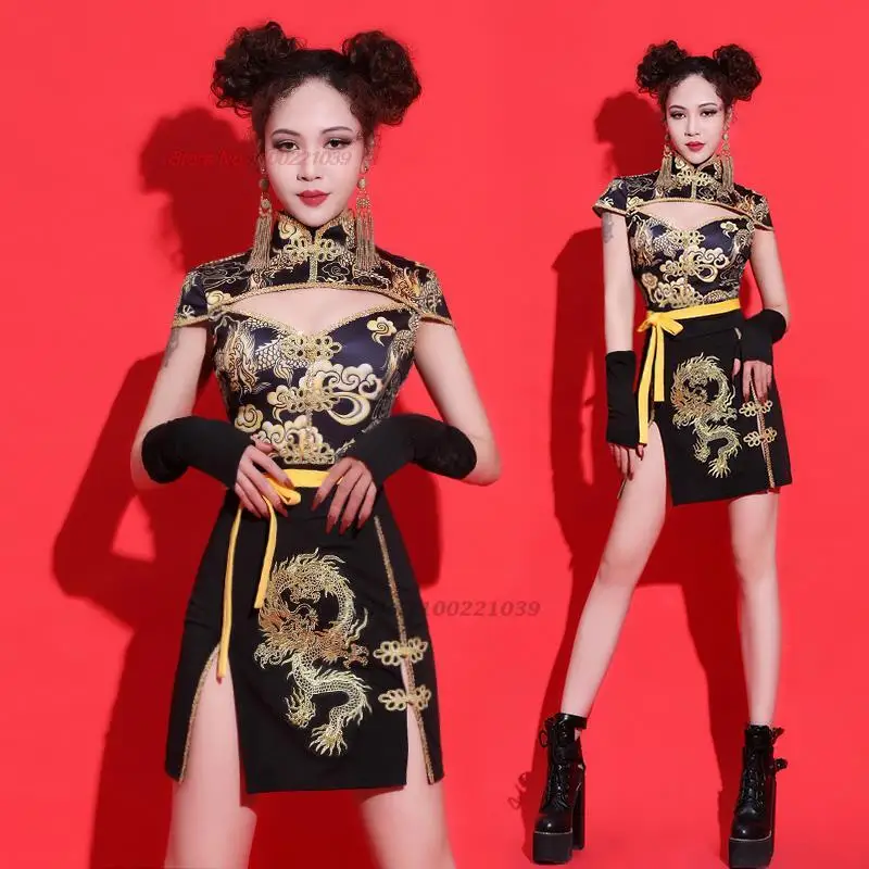 2025, Chinese nationale draak print jazzdans kostuum vrouwen verbeterde qipao hiphop kleding mode gogo outfits dj show kleding