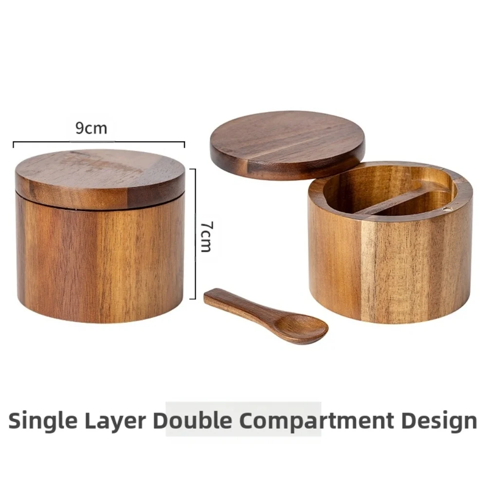 Acacia Wood Salt Shaker Featuring Magnetic Rotating Lid and Spoon Slot for Organized Kitchen Seasoning Container