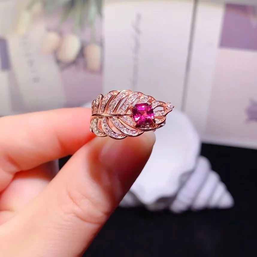 

Модное кольцо из серебра 925 пробы с перьями, 5 мм, кольцо из натурального пиропа, позолоченное 18 карат, ювелирные изделия из настоящего пиропа с гранатом