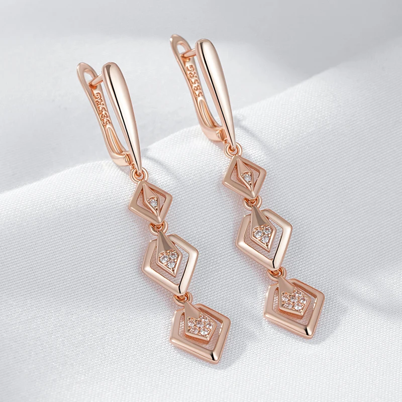 Kinel Fashion Glossy Hollow Geometry Drop Earring for Women 585 Rose Gold Color Shiny Natural Zircon Daily Fine Ethnic Jewelry