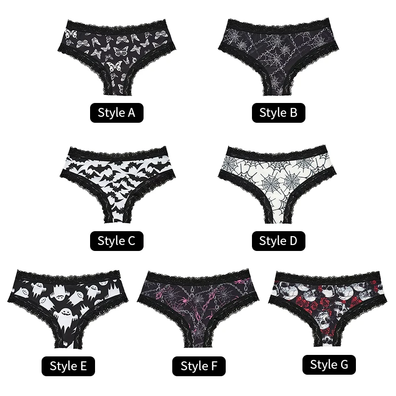 3pcs Underwear Women\'s Sexy Lace Rose Print Edge Dark Gothic Style Skull Personalized Comfortable Breathable Triangle Pants
