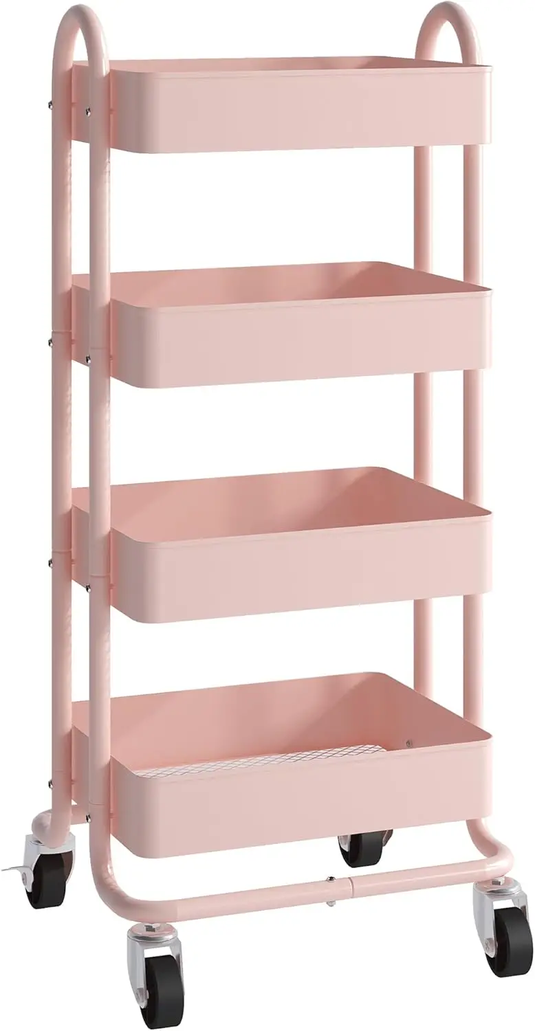 

Pink 4-Tier Rolling Utility Cart with Wheels for Office, Home, Kitchen & Garden (13.4x18.1x40 Inches)