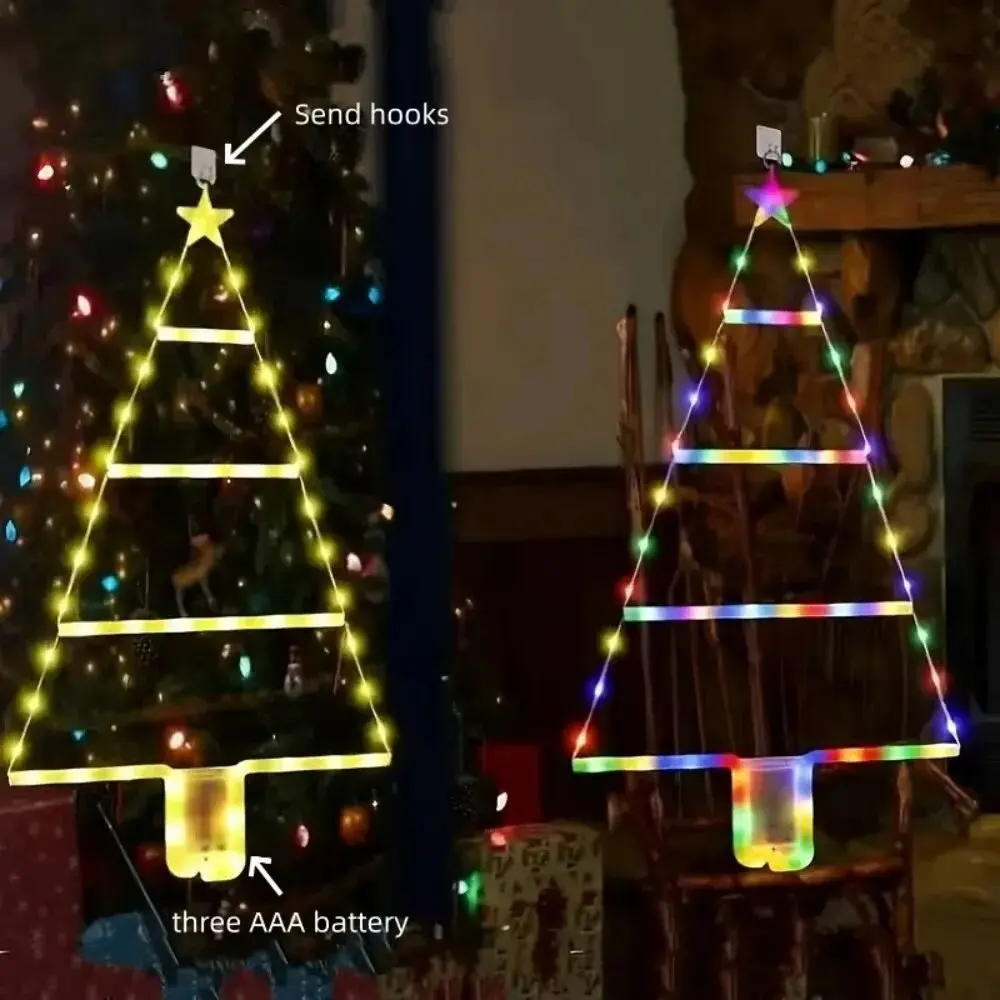 Christmas Tree Ladder Lights 8 Modes LED Battery Operated 3AAA Warm White Colorful Xmas Party Bedroom Window Decor