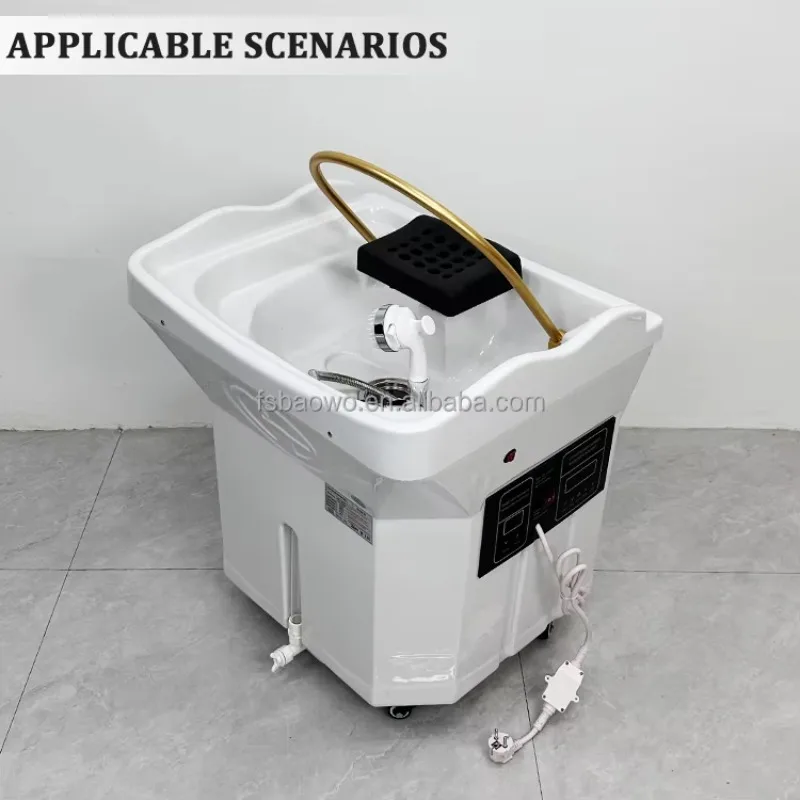 

Modern Ceramic Hair Salon Mobile Shampoo Basin with 60L Water Tank White Portable for Bathroom Use