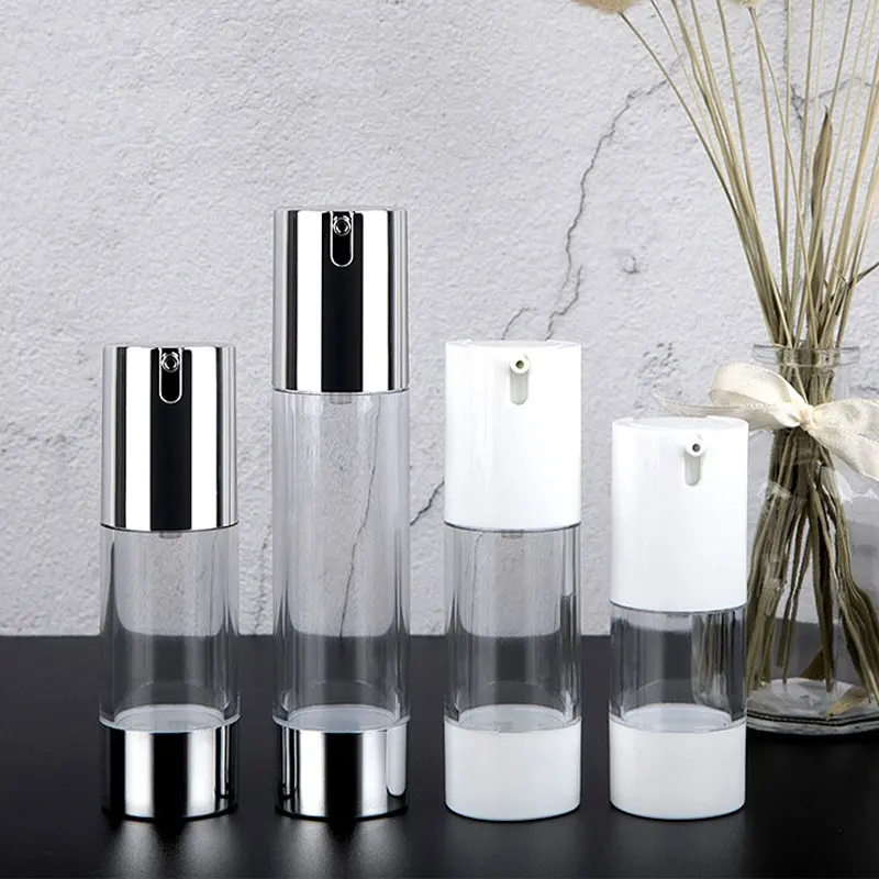 

15ml 30ml 50ml 20pc/lot empty silver airless dispenser plastic pump for cosmetics and skin care eye cream airless travel bottles