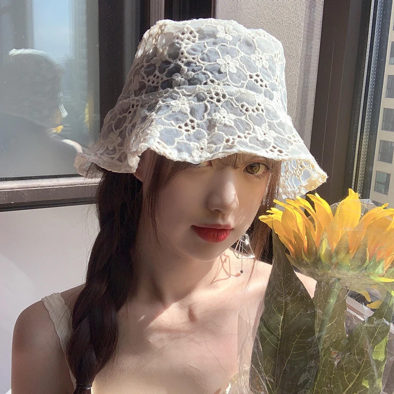 Sweet Cute Lace Hat Hollow Flower Bucket Hat Fashion Women Fisherman Hat Breathable Sunshade Sunscreen Hat